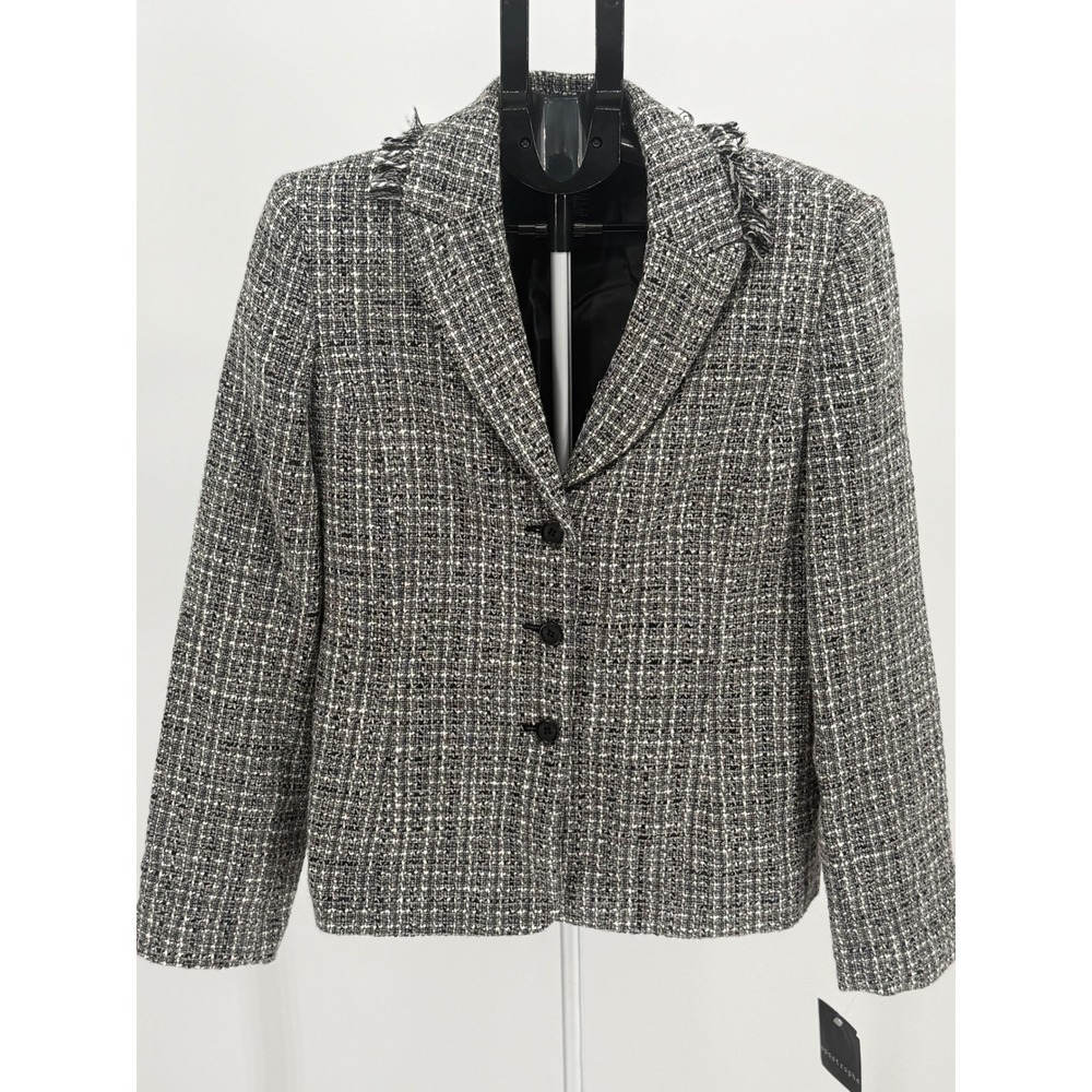 Apostrophe Women's Tweed‎ Blazer Black White Frayed Trim Wool Blend Size 14 NWT